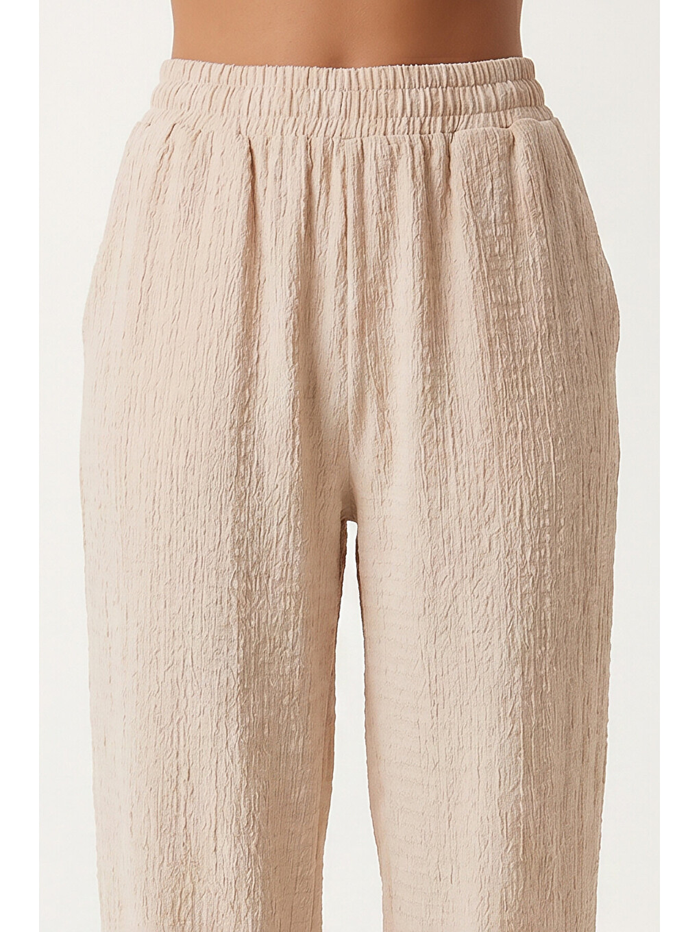 Ekru Cepli Rahat Krinkıl Şalvar Pantolon Krem Lfw0024-2