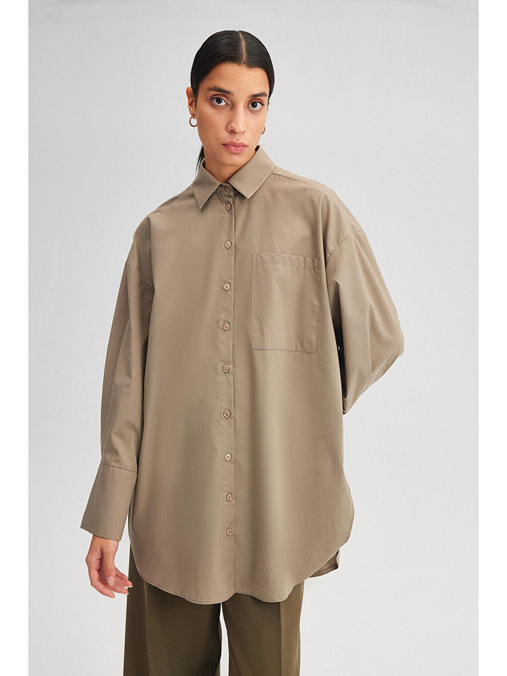 Bej Relax Fit Poplin Gömlek-1