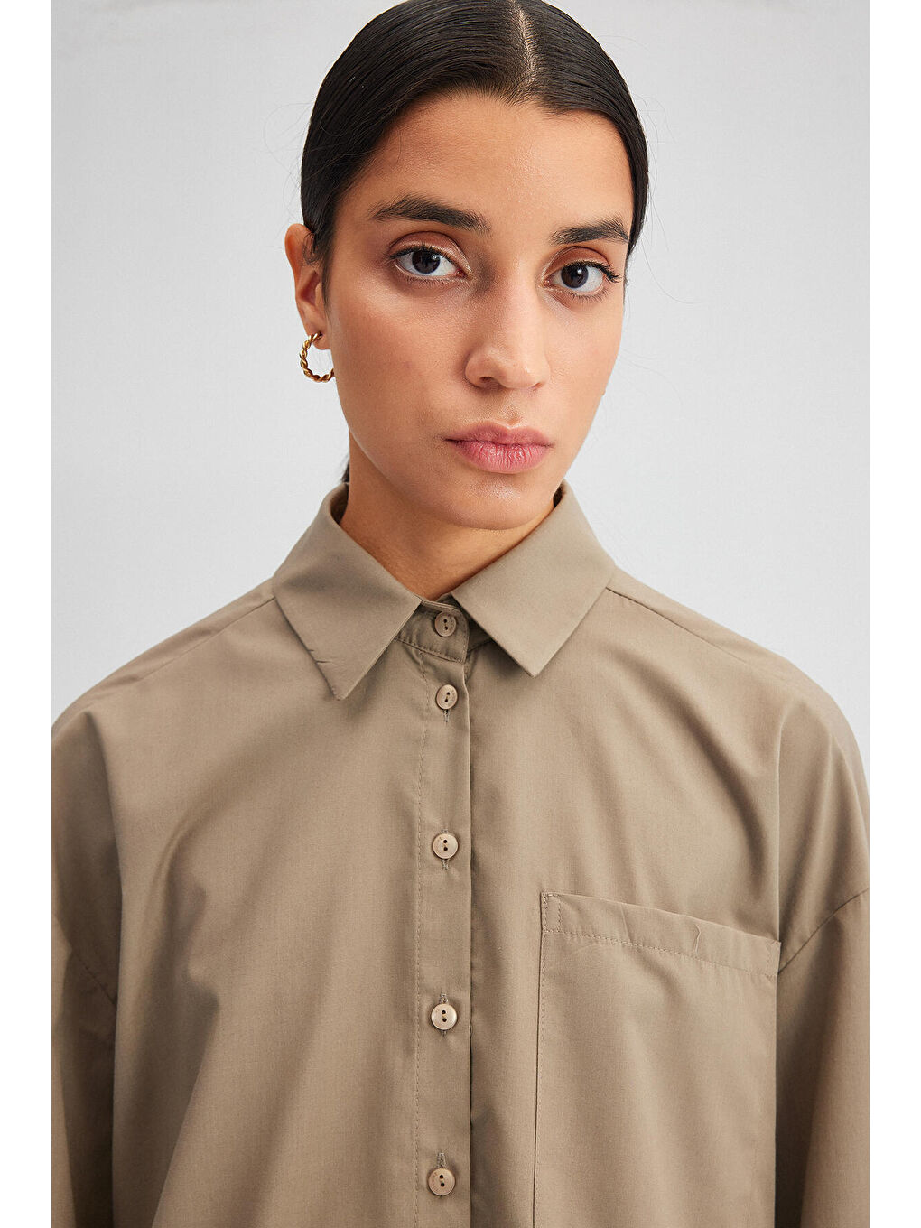 Bej Relax Fit Poplin Gömlek-3