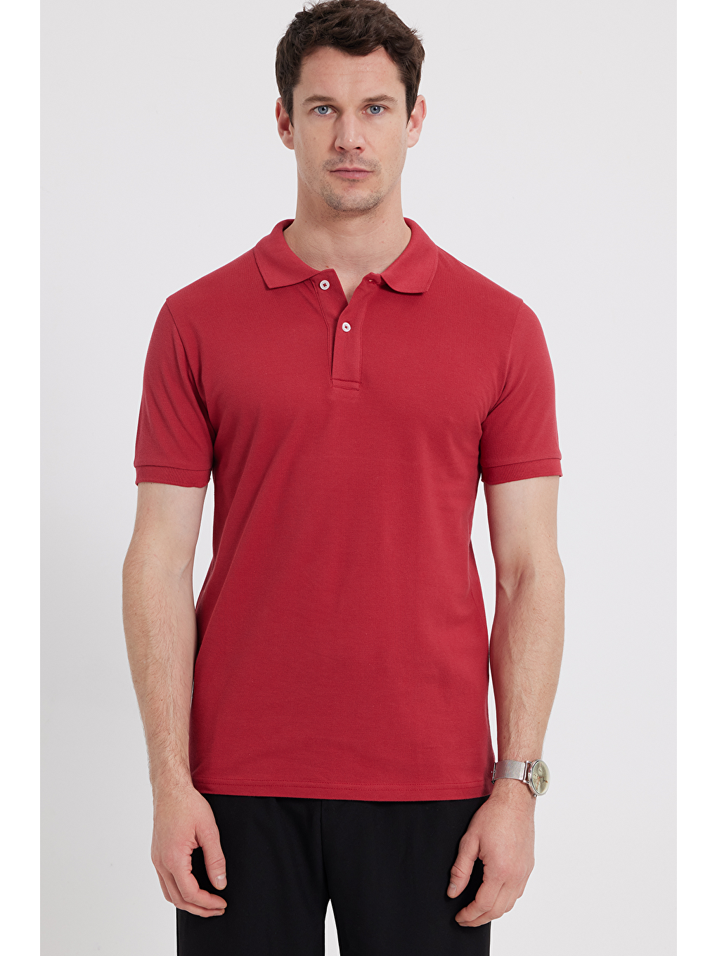 Erkek Slim Fit Dar Kesim %100 Pamuk Kırmızı Polo Yaka Tişört-1