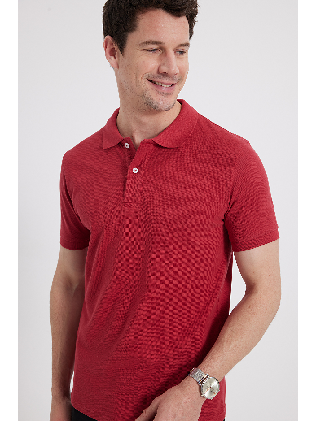 Erkek Slim Fit Dar Kesim %100 Pamuk Kırmızı Polo Yaka Tişört-2