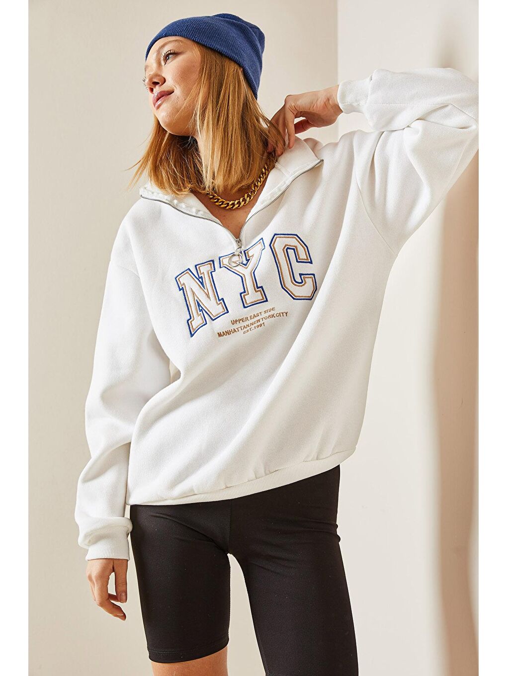 Beyaz Baskılı & Fermuarlı Sweatshirt 4KXK8-47768-01-2