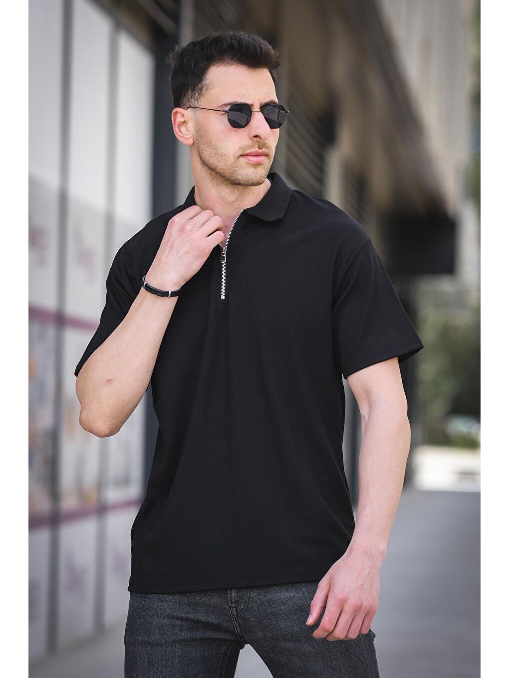 Siyah Lond Polo Yaka Jakar Kumaş Yarım Fermuarlı Erkek Tshirt-1