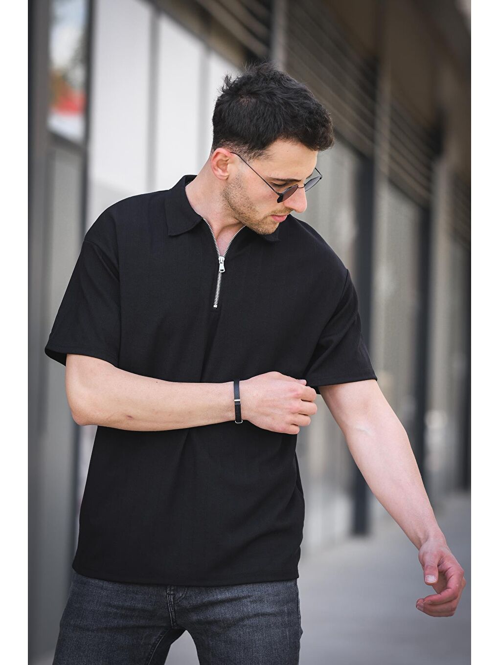 Siyah Lond Polo Yaka Jakar Kumaş Yarım Fermuarlı Erkek Tshirt-2