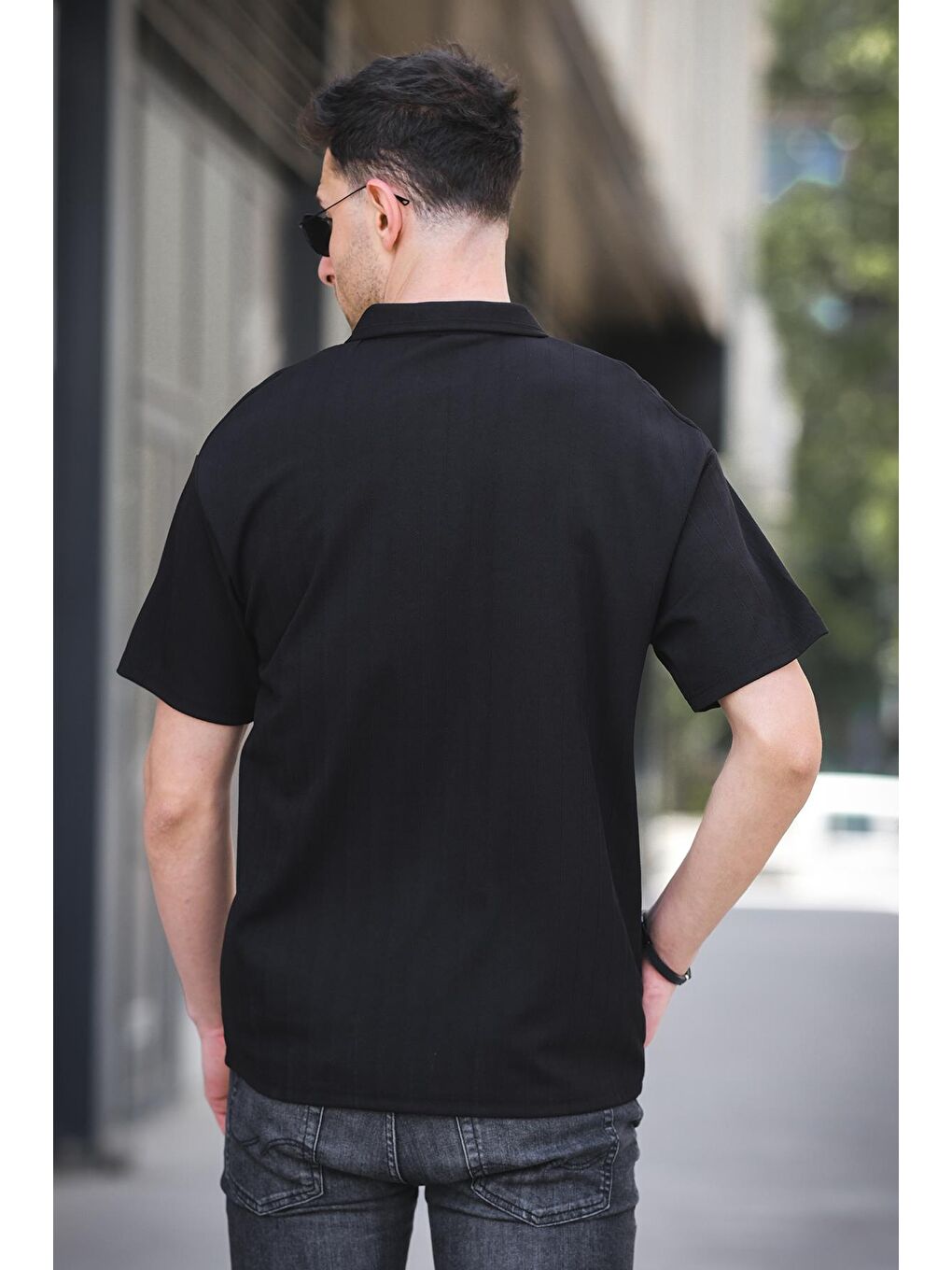 Siyah Lond Polo Yaka Jakar Kumaş Yarım Fermuarlı Erkek Tshirt-3