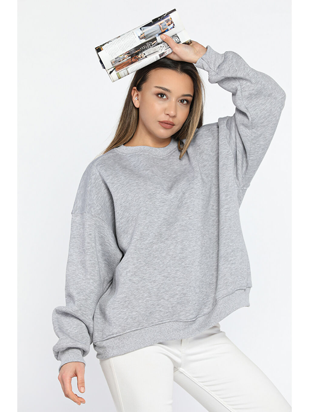 GÜLSELİ Gri Bisiklet Yaka Oversize Kadın Sweatshirt