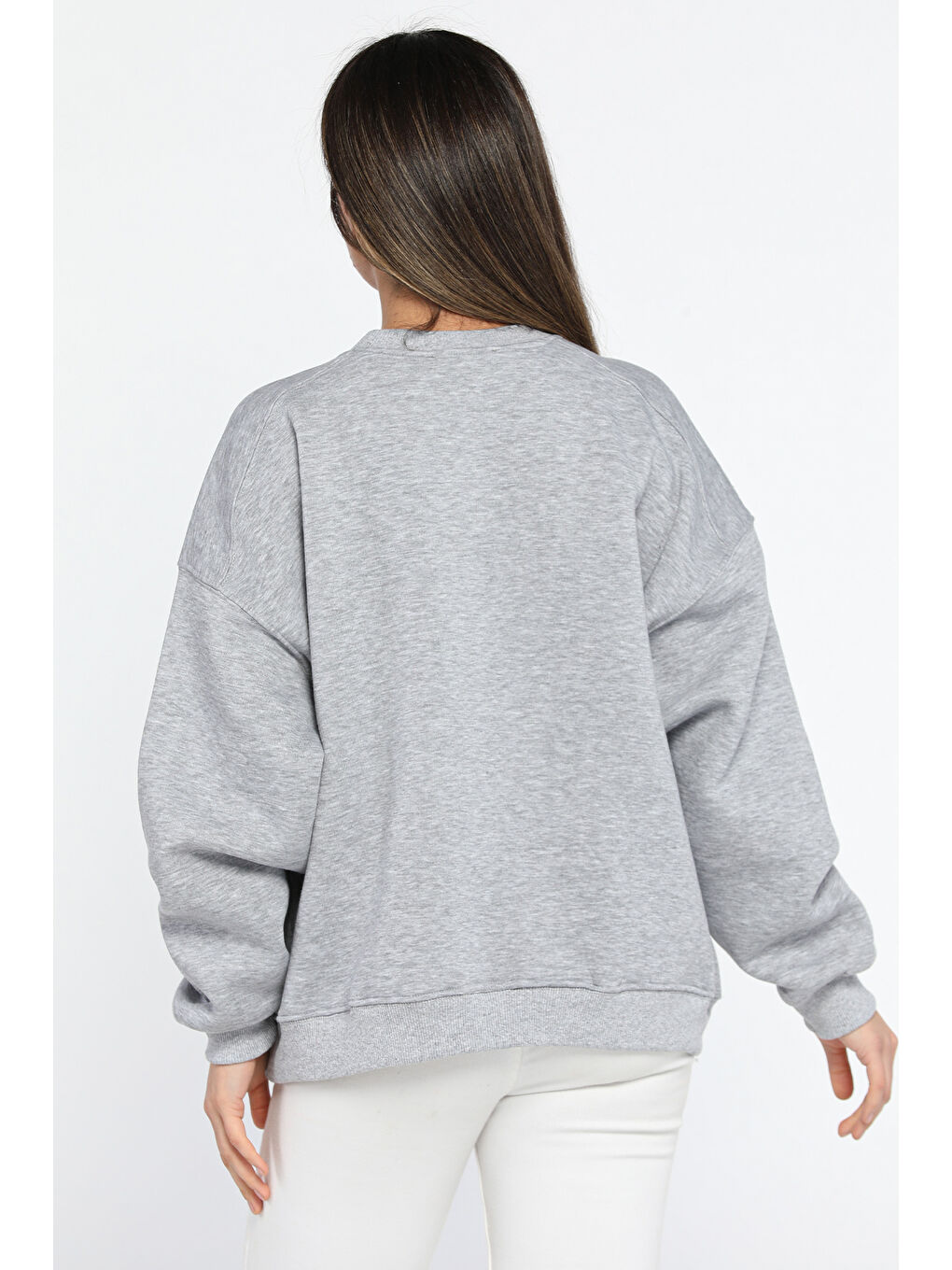 GÜLSELİ Gri Bisiklet Yaka Oversize Kadın Sweatshirt - 2