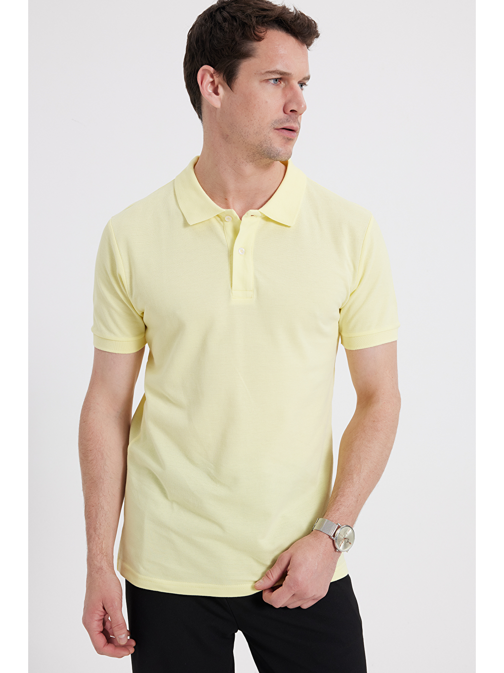 Erkek Slim Fit Dar Kesim %100 Pamuk Sarı Polo Yaka Tişört-2