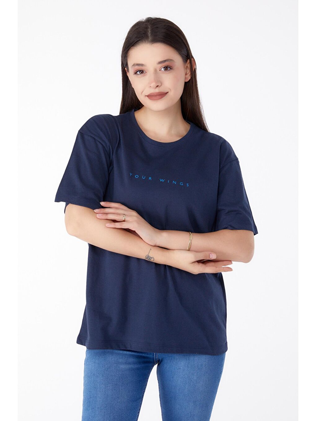 Bisiklet Yaka Kadın Lacivert Baskılı Tişört - 25296