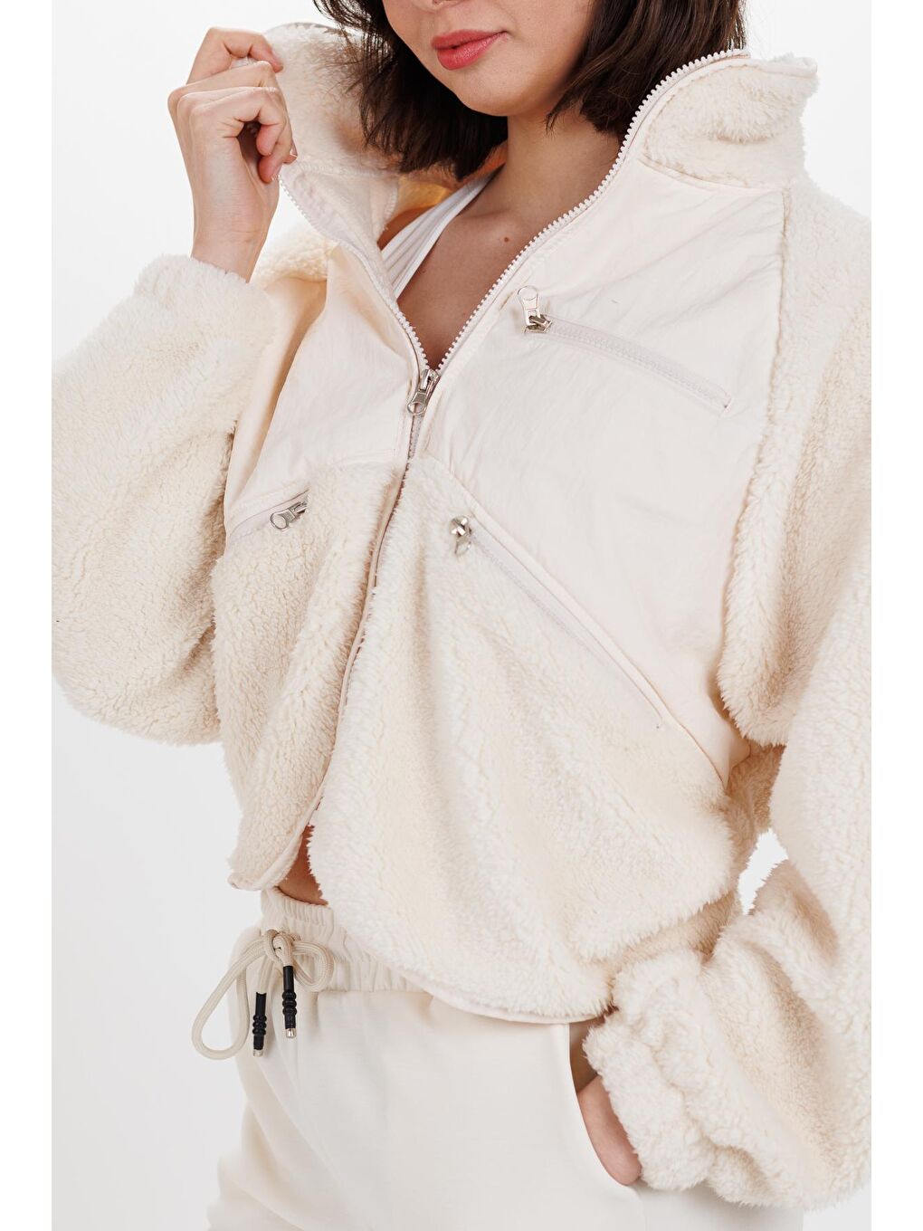 Kadın Ekru Önü Fermuarlı Oversize Örme Polar Mont-4
