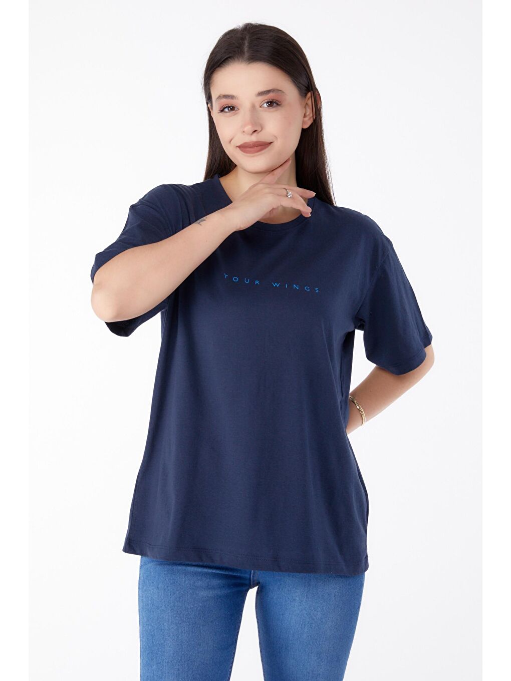 Bisiklet Yaka Kadın Lacivert Baskılı Tişört - 25296-1