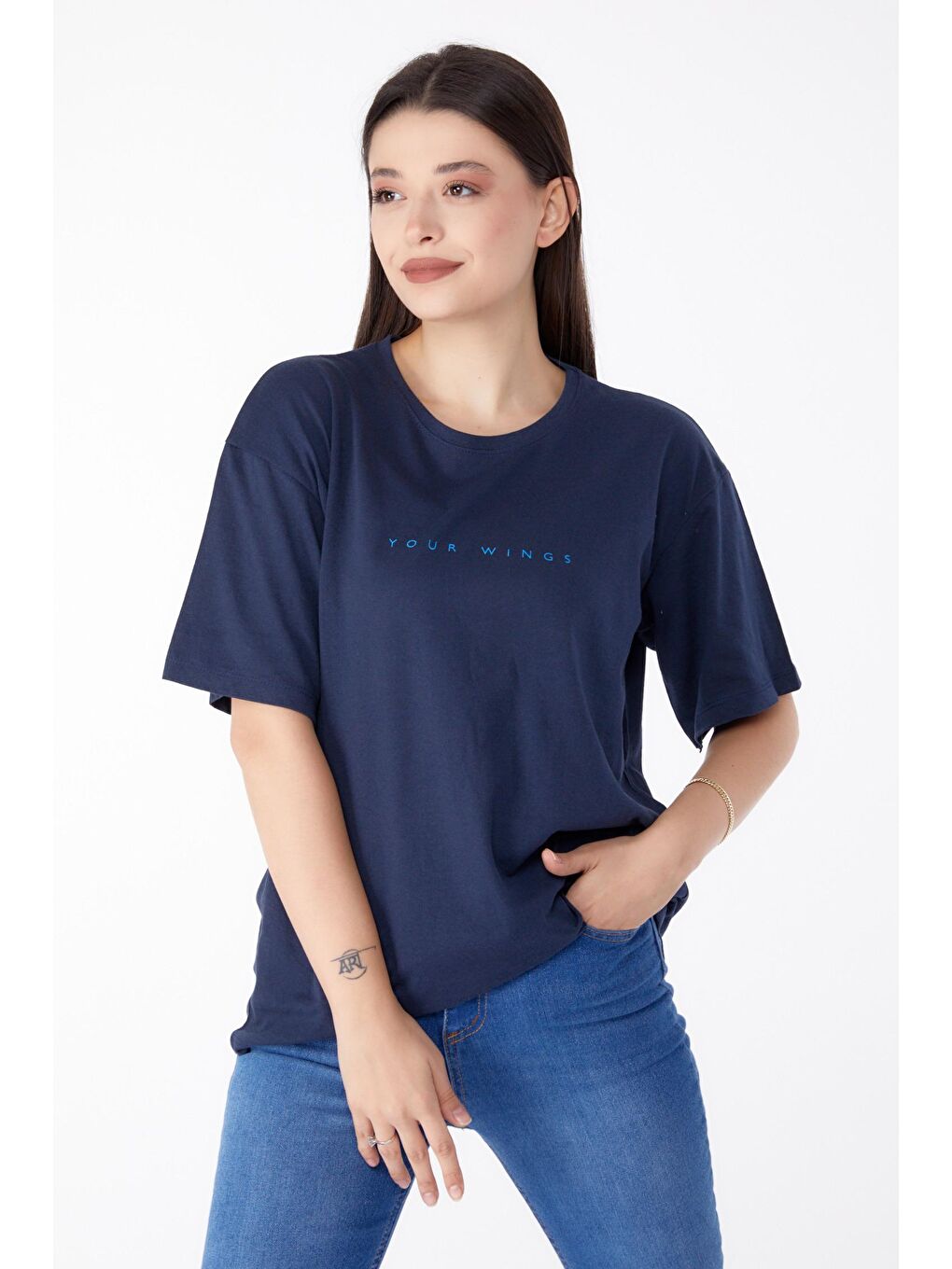 Bisiklet Yaka Kadın Lacivert Baskılı Tişört - 25296-2