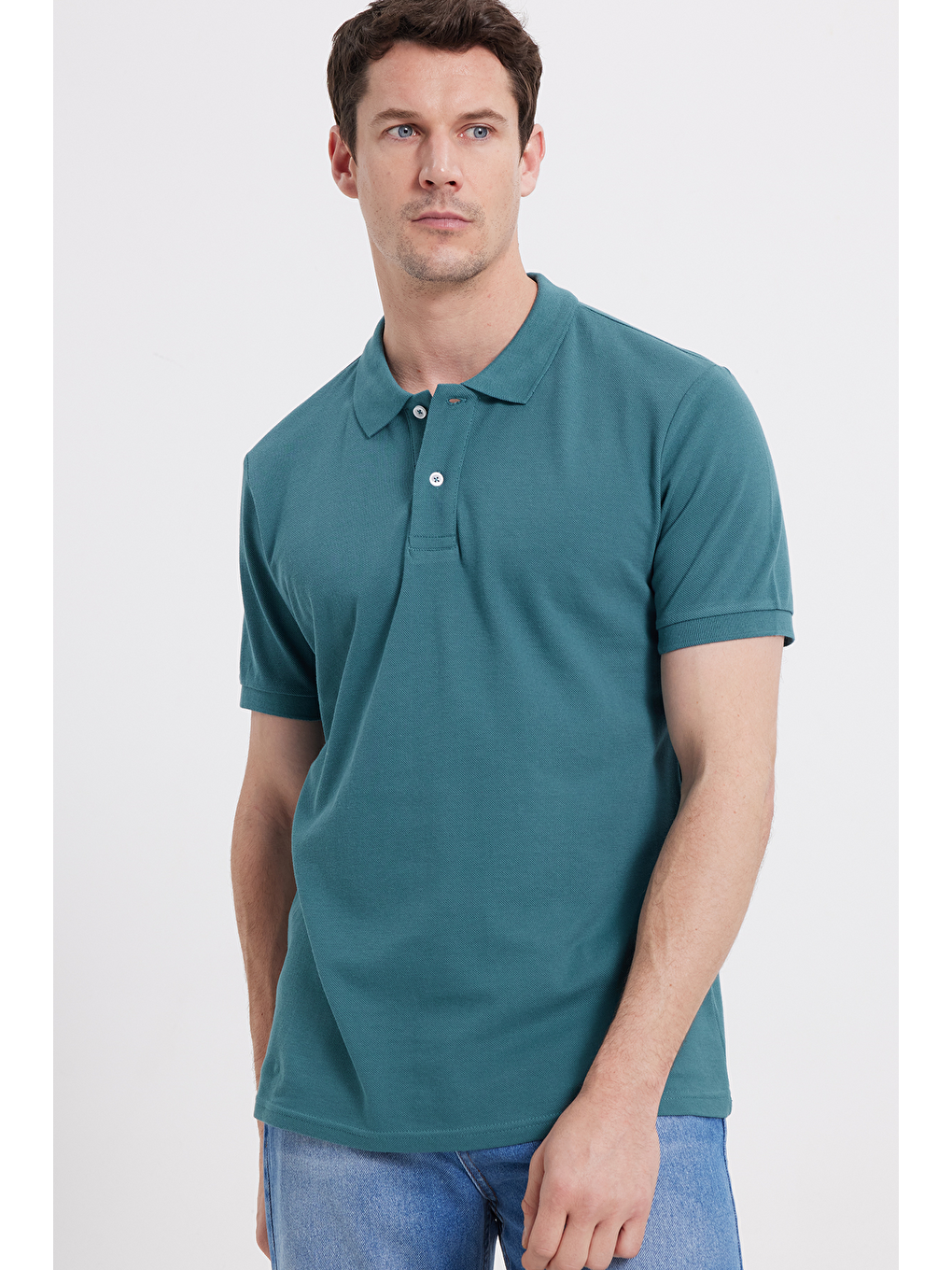 Erkek Slim Fit Dar Kesim %100 Pamuk Yeşil Polo Yaka Tişört-5