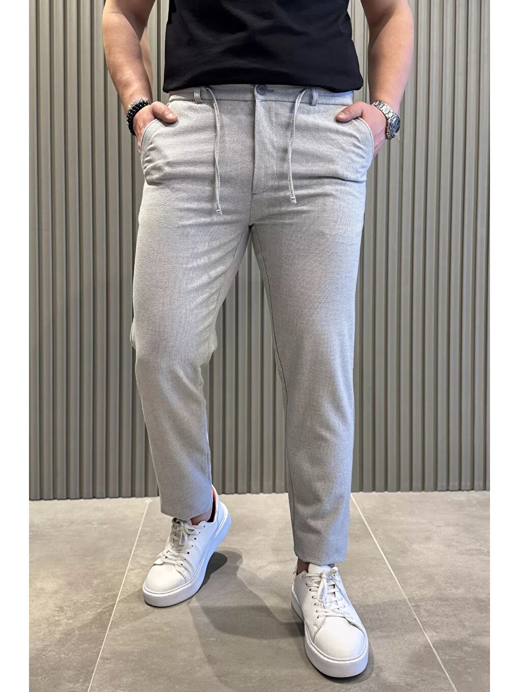 Gri Bel Lastikli Fermuarlı Erkek Jogger Pantolon