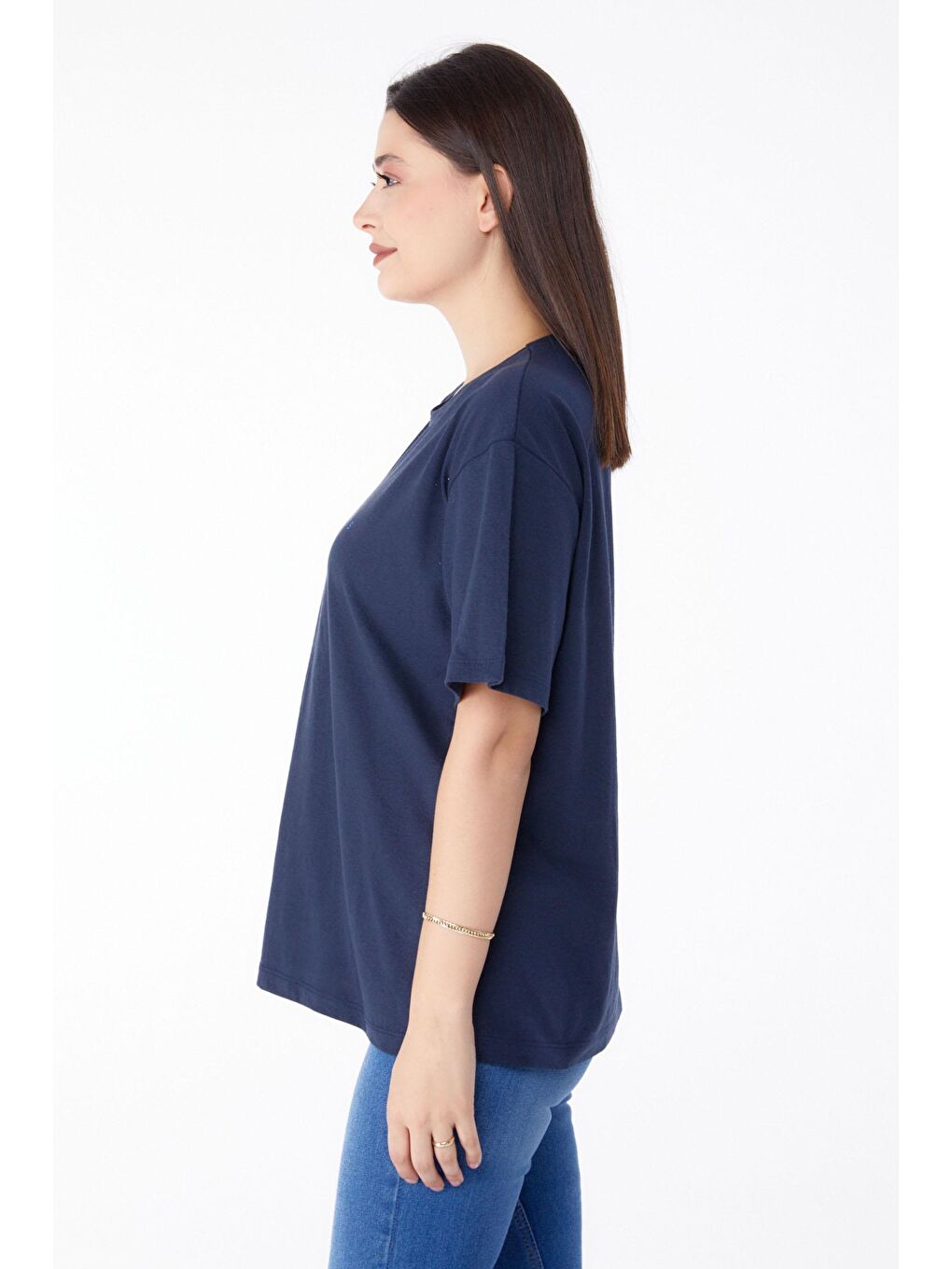 Bisiklet Yaka Kadın Lacivert Baskılı Tişört - 25296-3