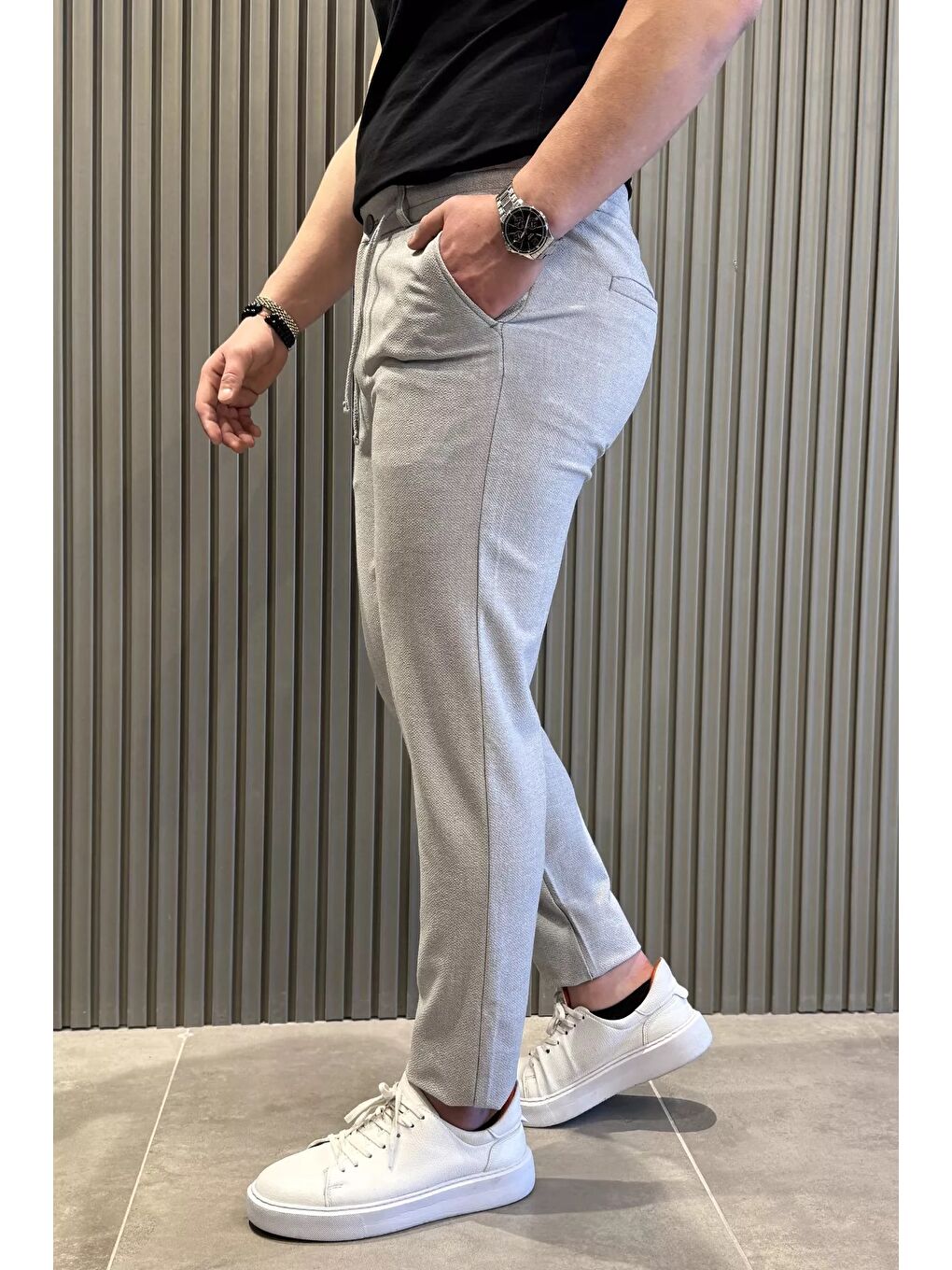 Gri Bel Lastikli Fermuarlı Erkek Jogger Pantolon-1