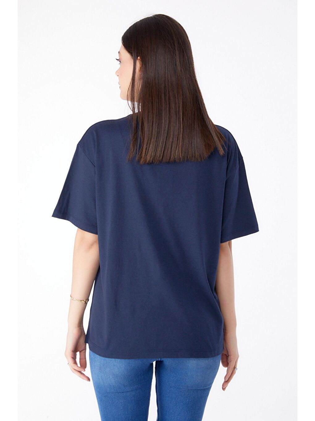 Bisiklet Yaka Kadın Lacivert Baskılı Tişört - 25296-4