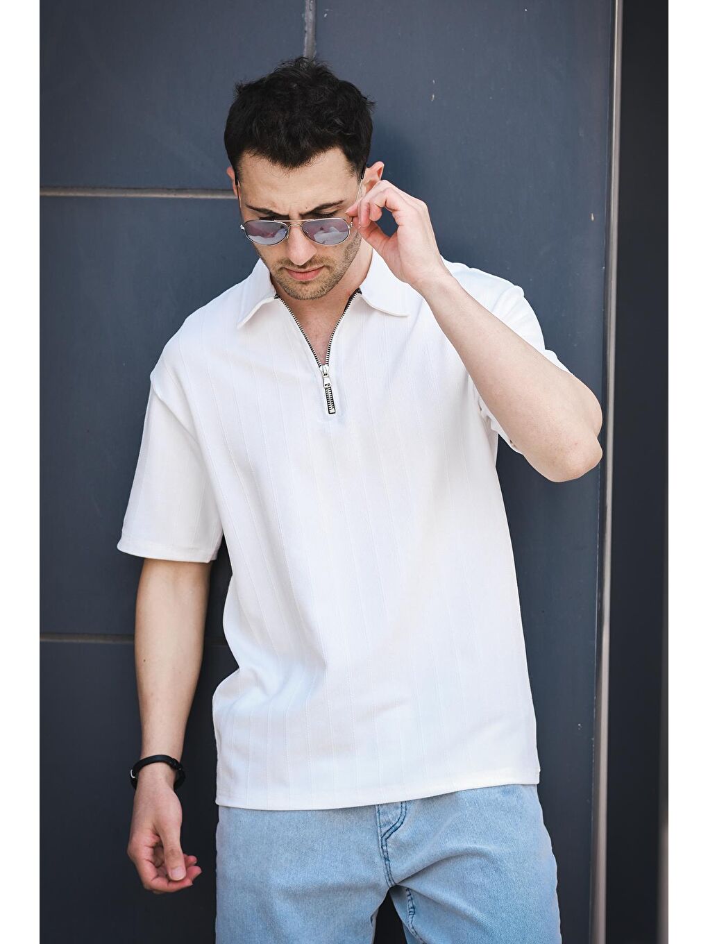 Beyaz Lond Polo Yaka Jakar Kumaş Yarım Fermuarlı Erkek Tshirt