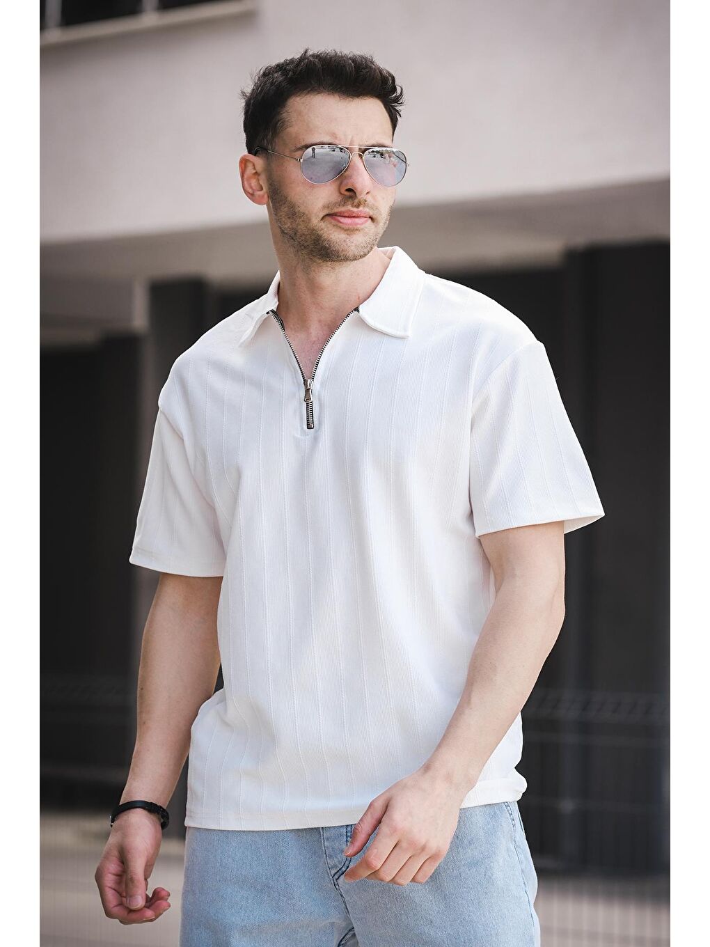 Beyaz Lond Polo Yaka Jakar Kumaş Yarım Fermuarlı Erkek Tshirt-2