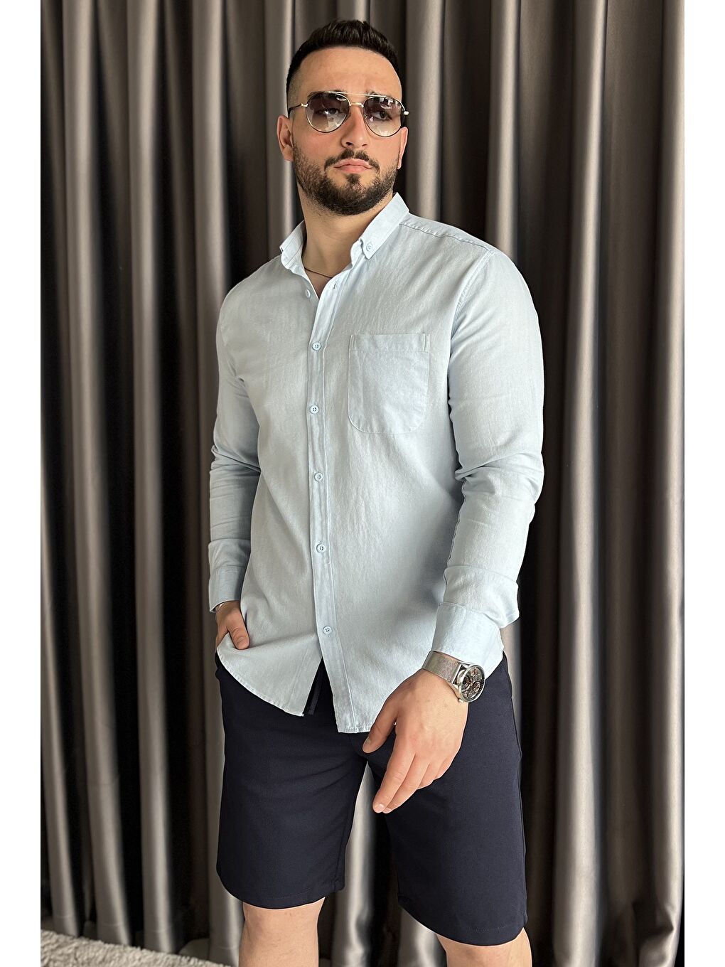 Mavi Tek Cepli Uzun Kol Erkek Gömlek