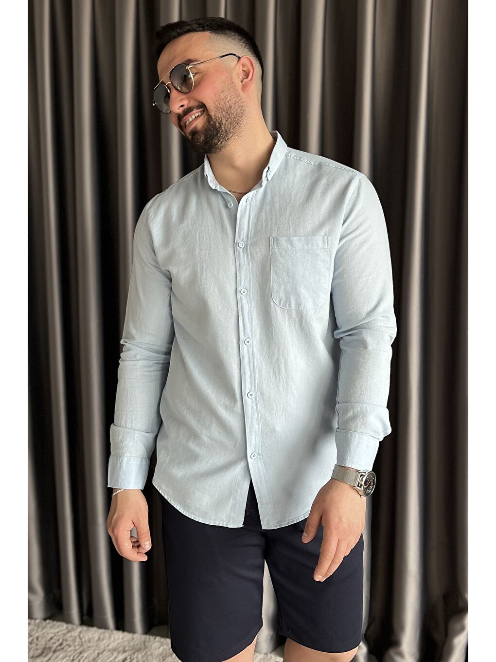 Mavi Tek Cepli Uzun Kol Erkek Gömlek-1