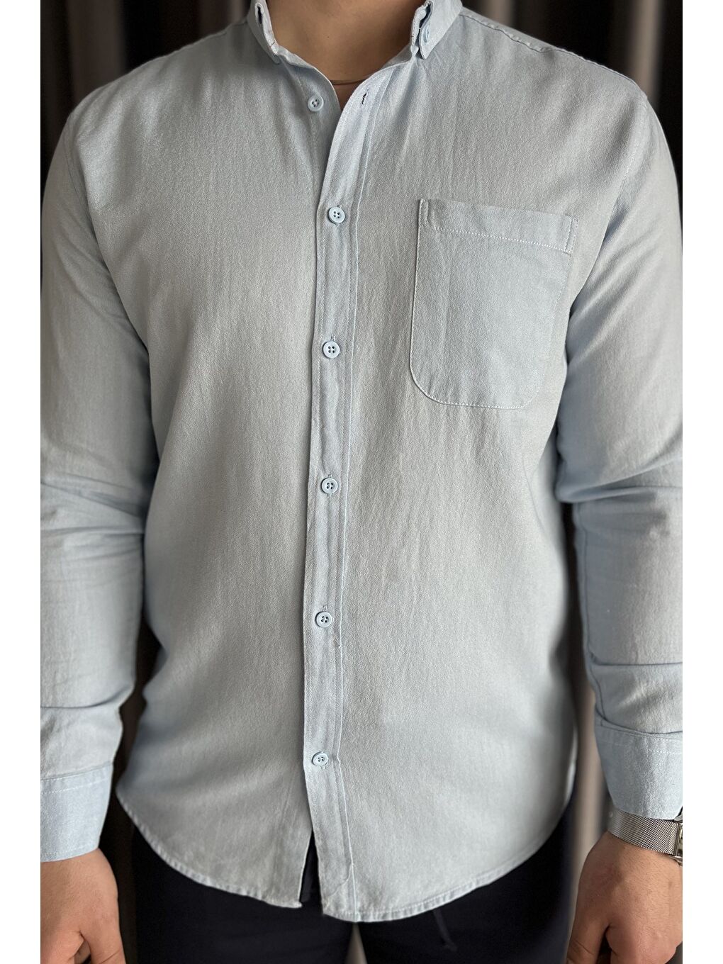 Mavi Tek Cepli Uzun Kol Erkek Gömlek-3