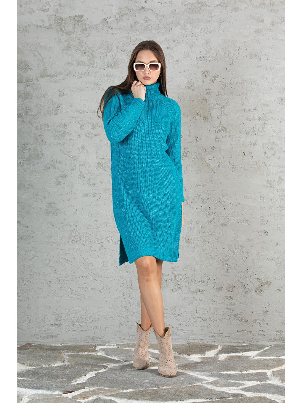 Turkuaz Kadın Balıkçı Yaka Sim Garnili Triko Tunik 055