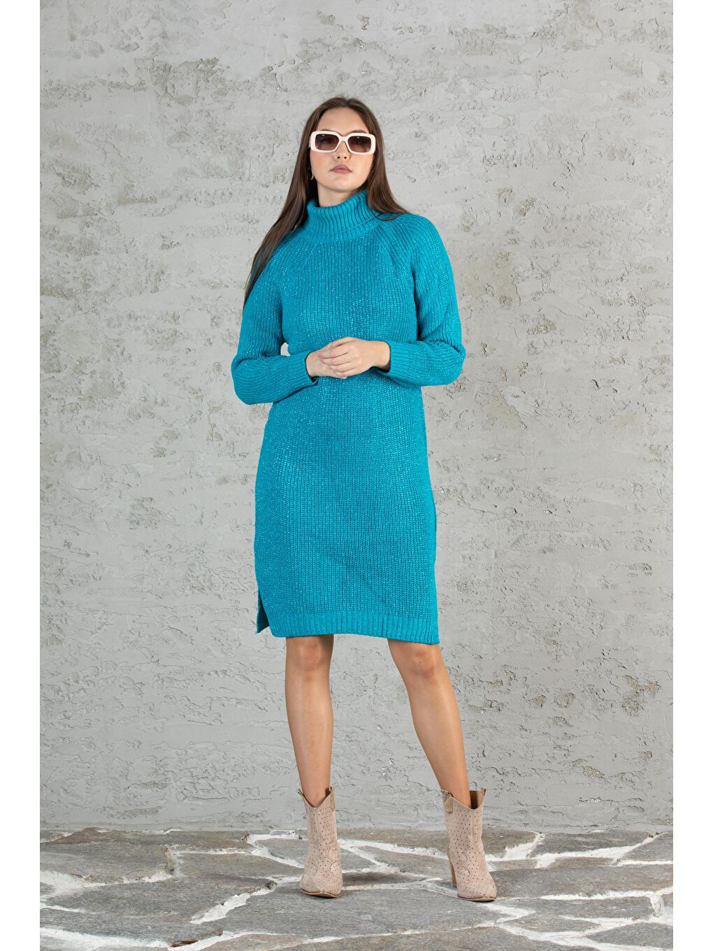 Turkuaz Kadın Balıkçı Yaka Sim Garnili Triko Tunik 055-4