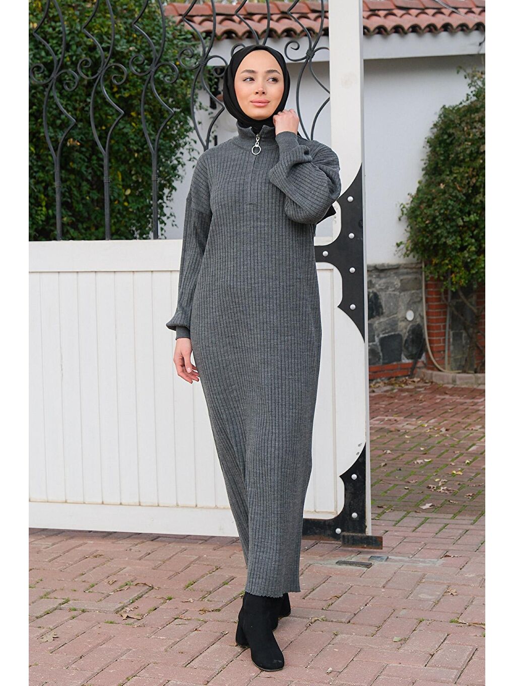 Önü Fermuarlı Triko Elbise Gri-1