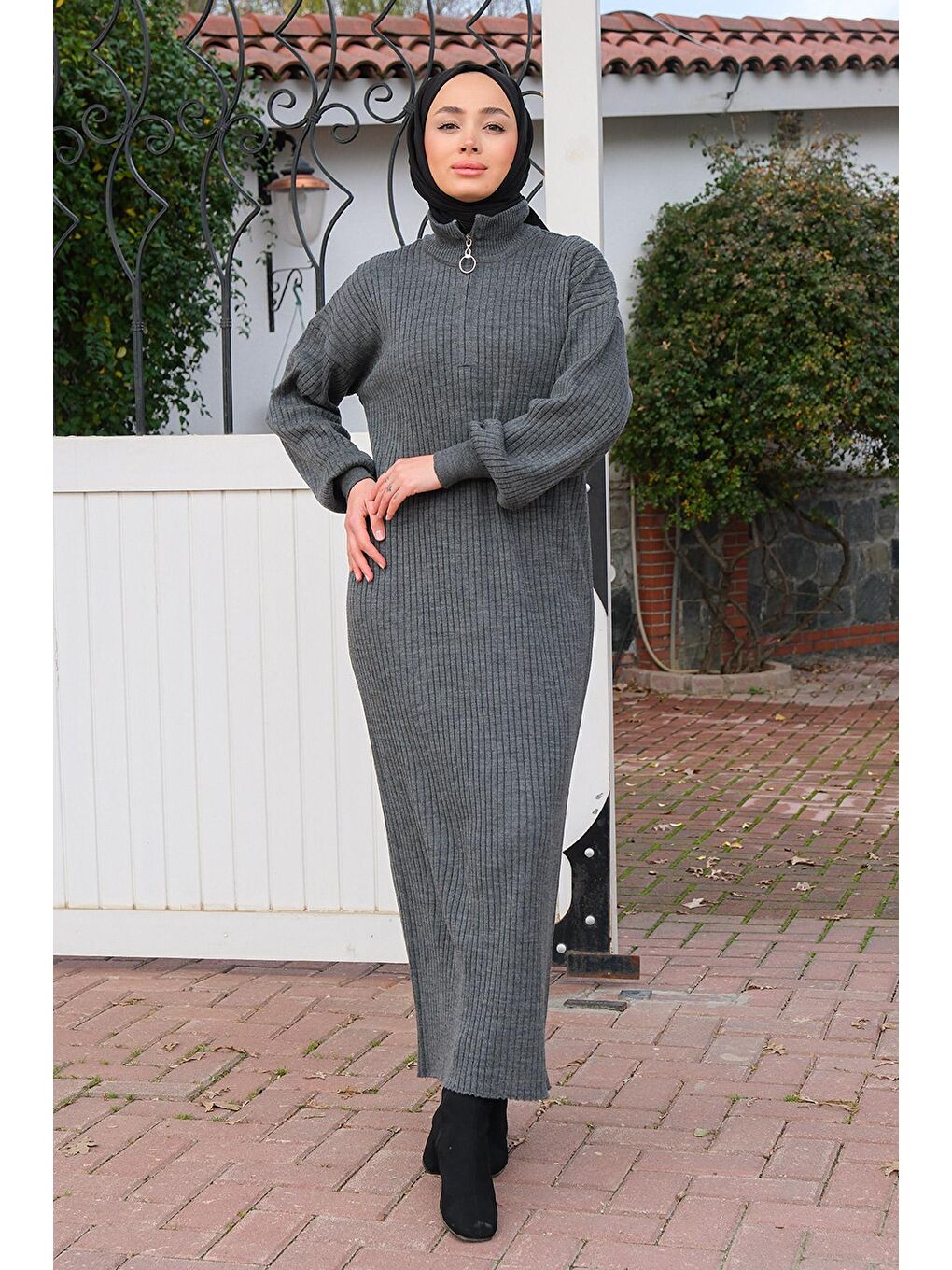 Önü Fermuarlı Triko Elbise Gri-2