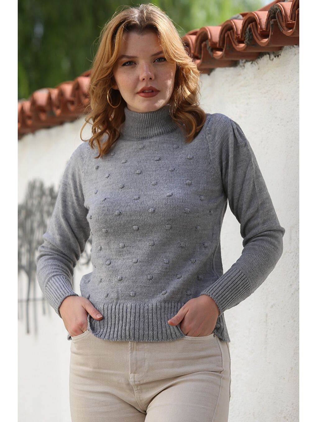 Gri Balıkçı Yaka Uzun Kol Puantiyeli Triko Kazak 60 55-2