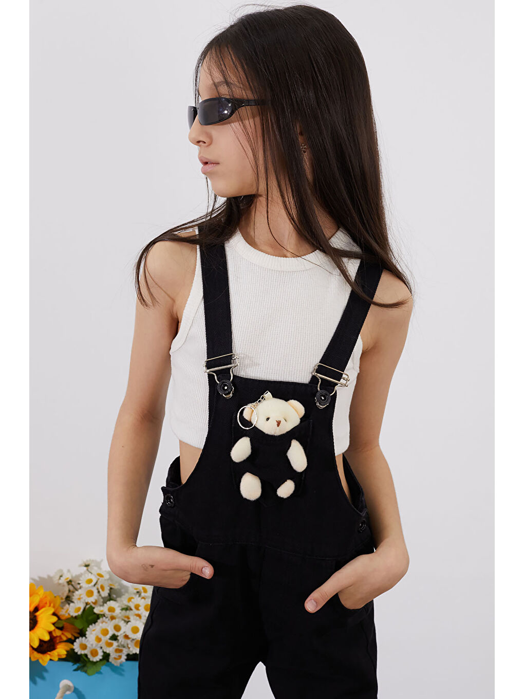 Siyah Ayıcıklı Göğüs Cepli Kız Çocuk Salopet Tulum 18752-1