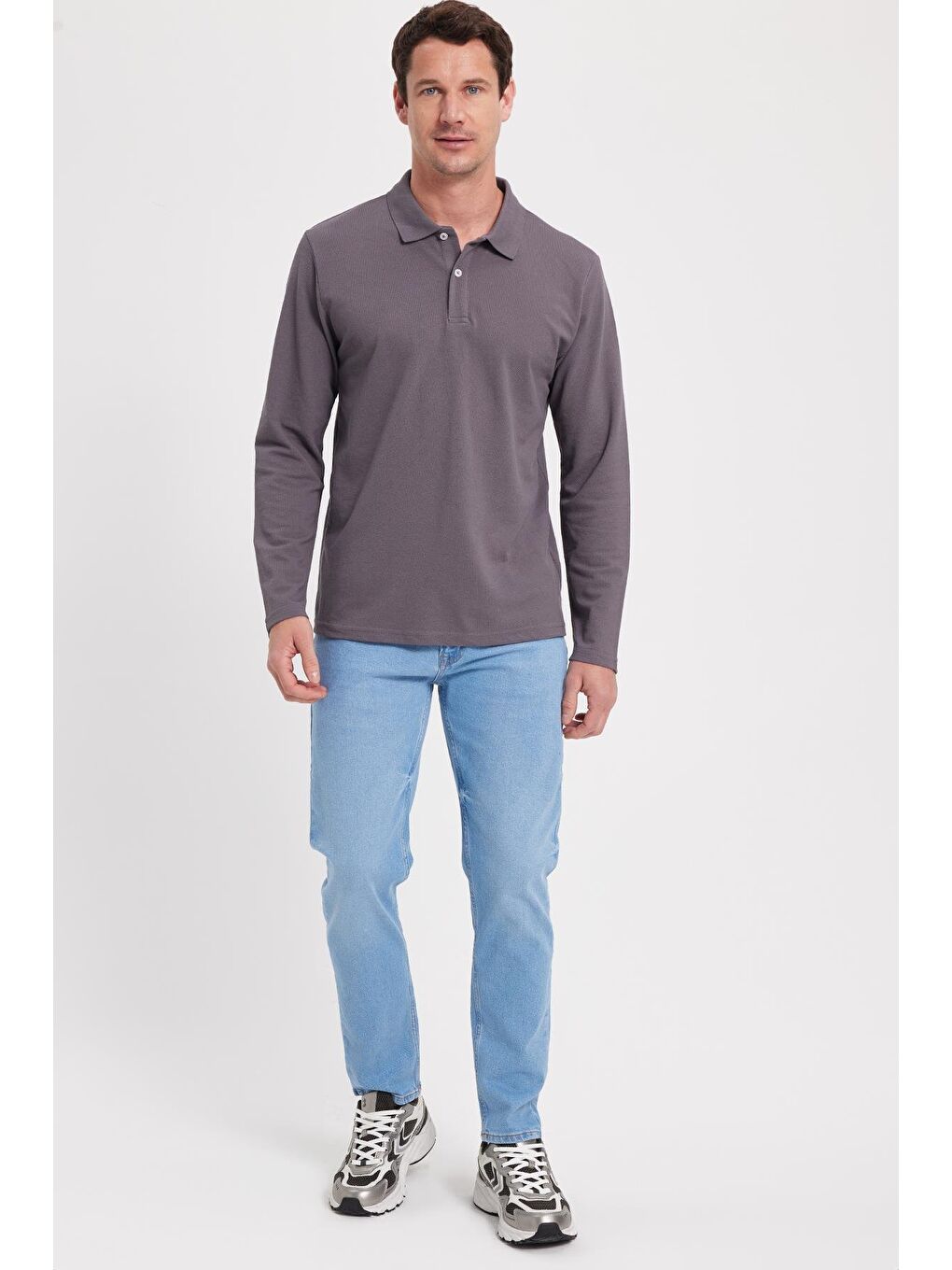 Gri Erkek Standart Fit Rahat Kesim Pamuklu Yumuşak Dokulu Düz Pike Uzun Kollu Füme Polo Yaka Tişört-2