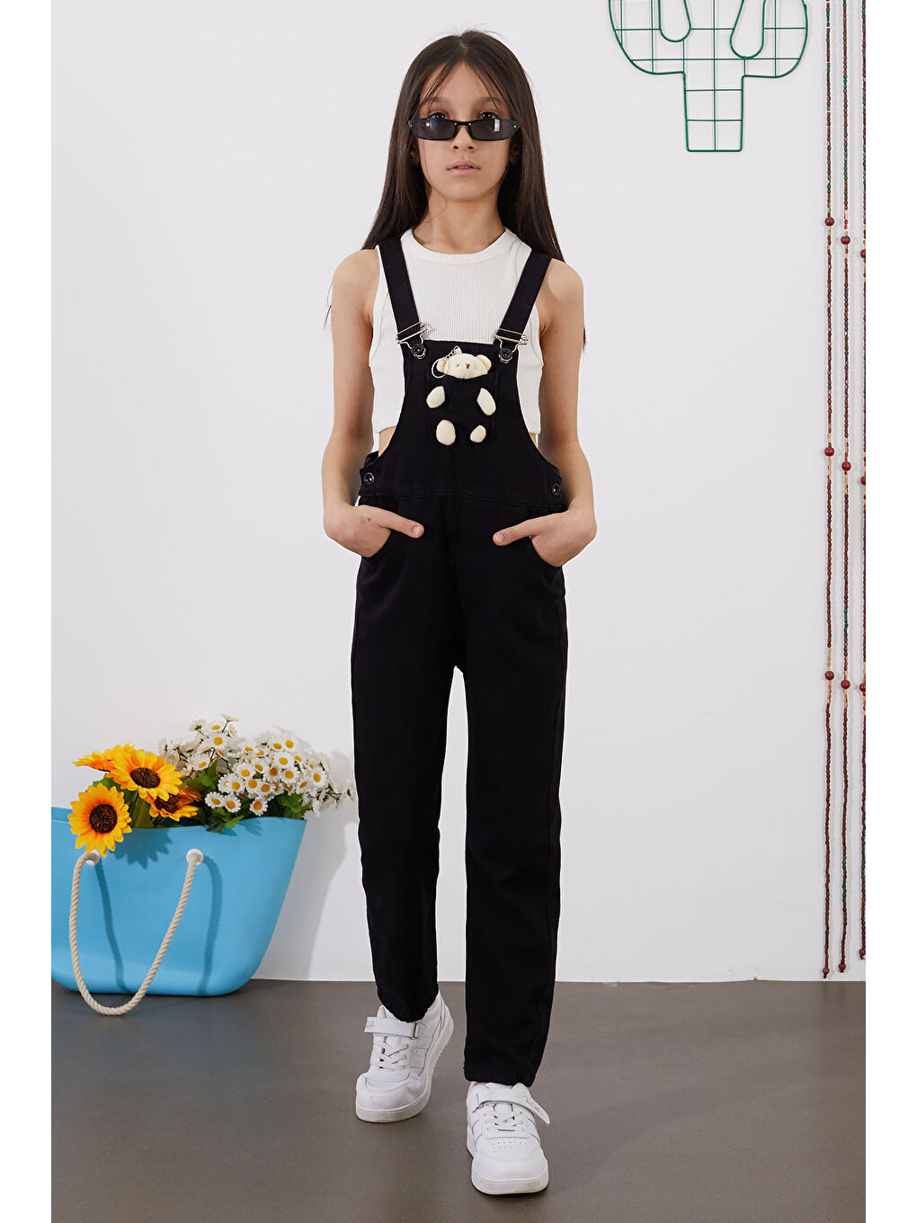 Siyah Ayıcıklı Göğüs Cepli Kız Çocuk Salopet Tulum 18752-2