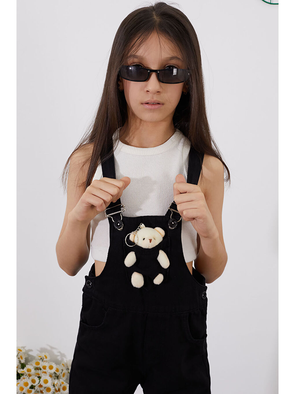 Siyah Ayıcıklı Göğüs Cepli Kız Çocuk Salopet Tulum 18752-3