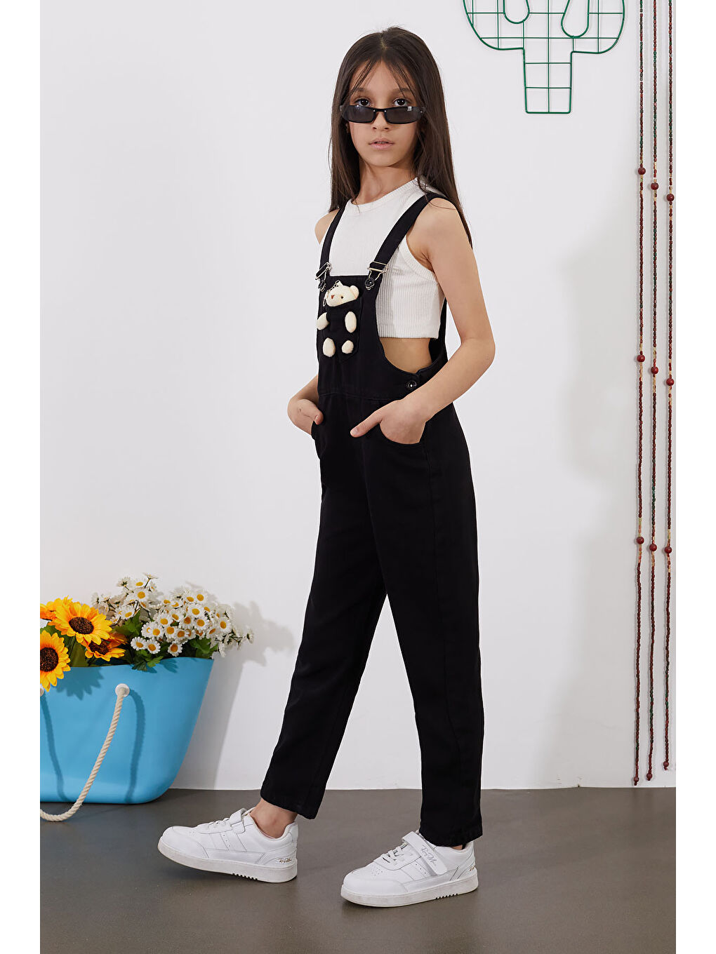 Siyah Ayıcıklı Göğüs Cepli Kız Çocuk Salopet Tulum 18752-4