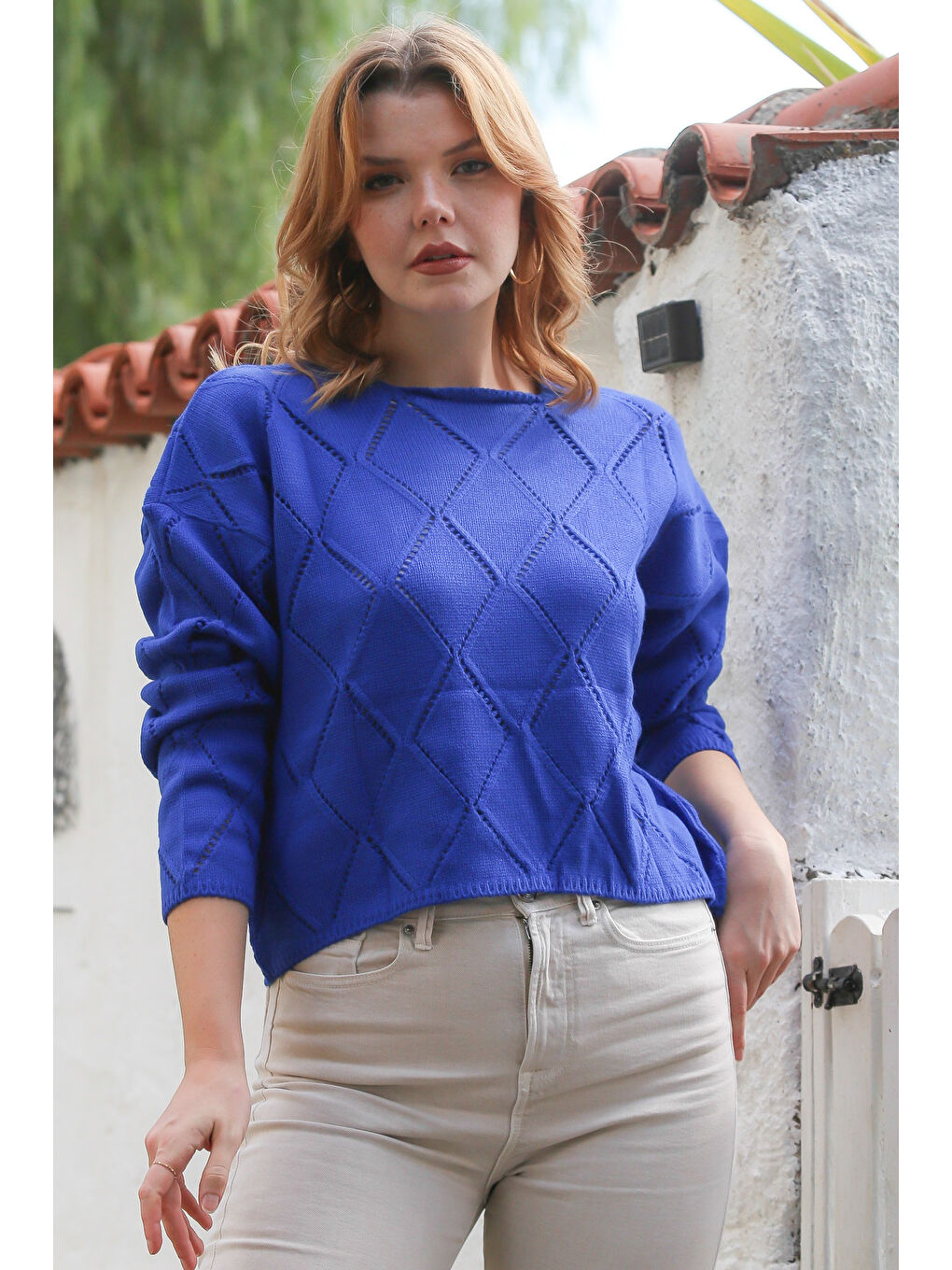 Gök Mavisi Yuvarlak Yaka Uzun Kol Baklava Desenli Ajur Örgü Triko Kazak 55 62