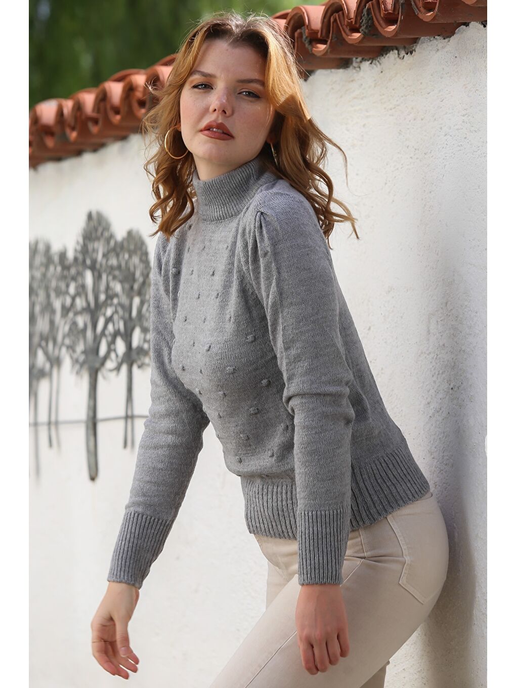 Gri Balıkçı Yaka Uzun Kol Puantiyeli Triko Kazak 60 55-5