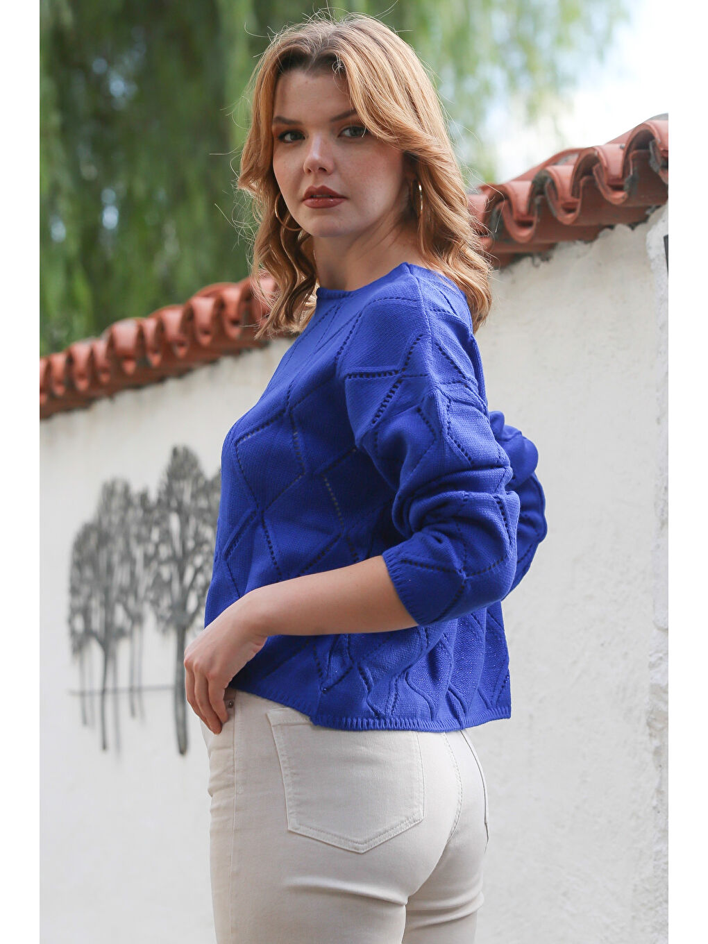 Gök Mavisi Yuvarlak Yaka Uzun Kol Baklava Desenli Ajur Örgü Triko Kazak 55 62-1