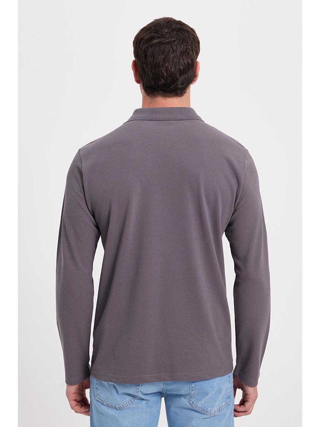 Gri Erkek Standart Fit Rahat Kesim Pamuklu Yumuşak Dokulu Düz Pike Uzun Kollu Füme Polo Yaka Tişört-6