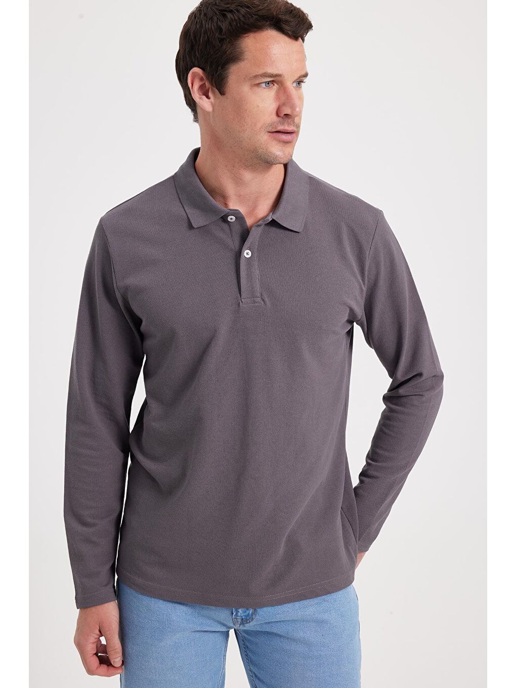 Gri Erkek Standart Fit Rahat Kesim Pamuklu Yumuşak Dokulu Düz Pike Uzun Kollu Füme Polo Yaka Tişört-7