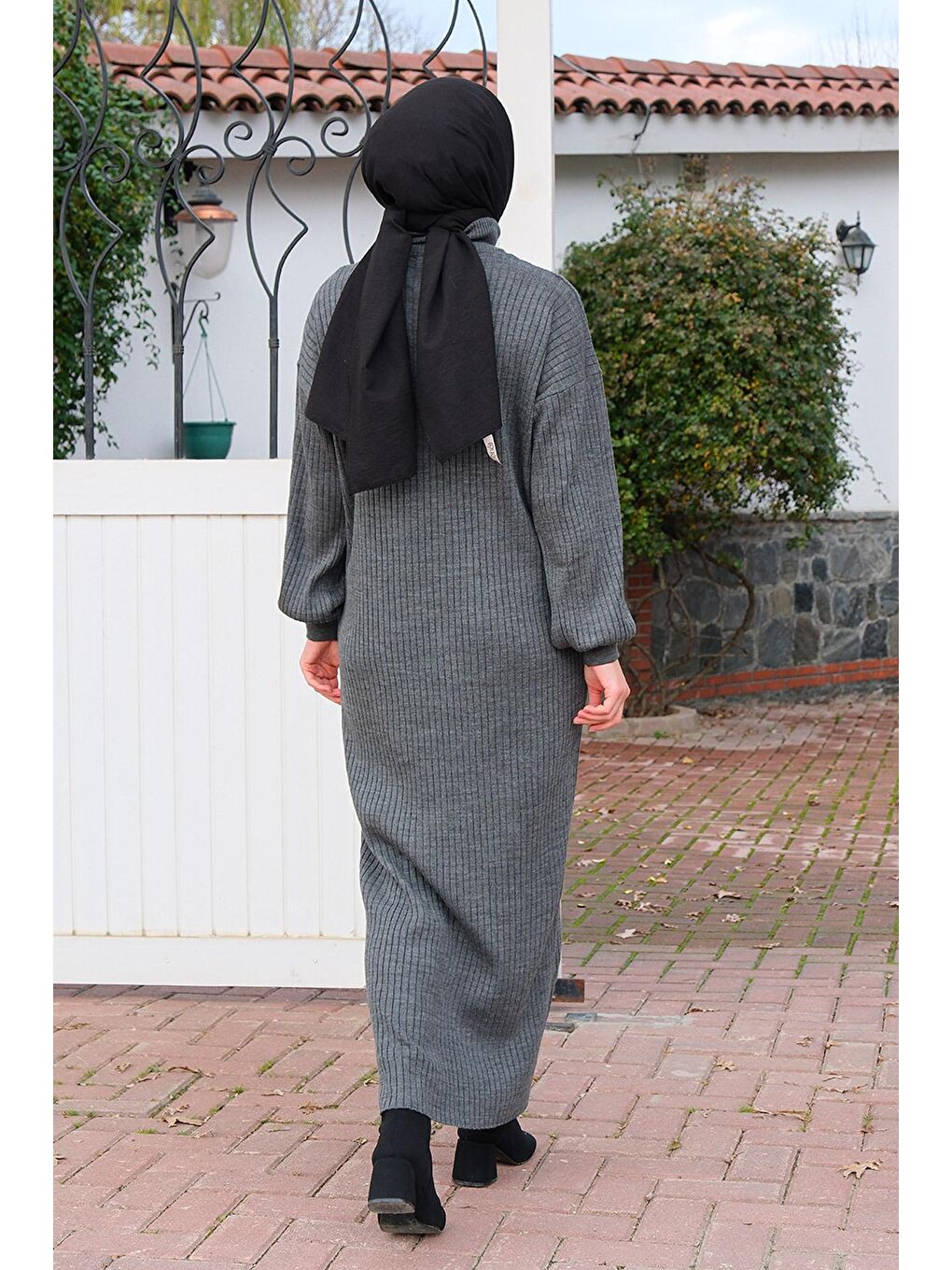 Önü Fermuarlı Triko Elbise Gri-4