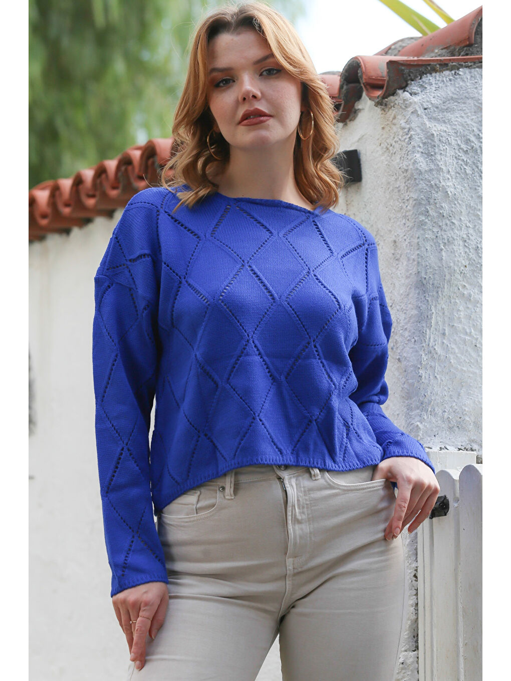 Gök Mavisi Yuvarlak Yaka Uzun Kol Baklava Desenli Ajur Örgü Triko Kazak 55 62-2