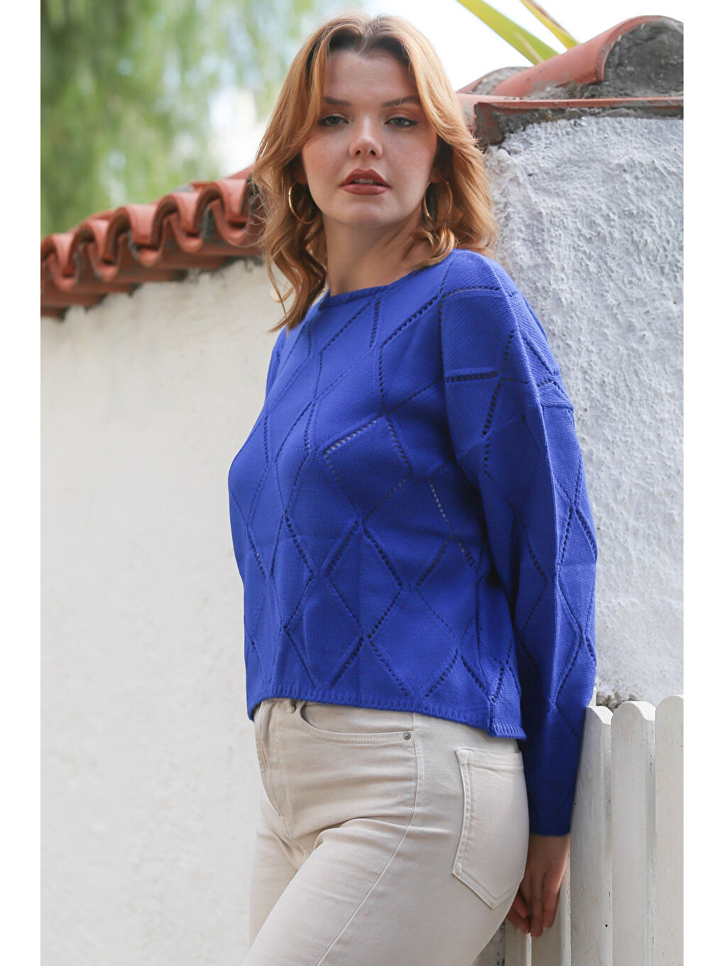 Gök Mavisi Yuvarlak Yaka Uzun Kol Baklava Desenli Ajur Örgü Triko Kazak 55 62-3