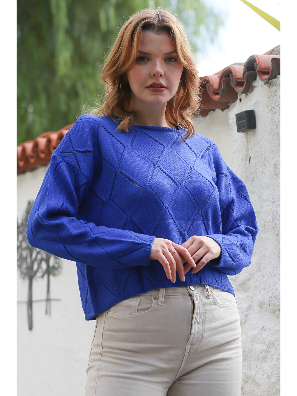 Gök Mavisi Yuvarlak Yaka Uzun Kol Baklava Desenli Ajur Örgü Triko Kazak 55 62-5