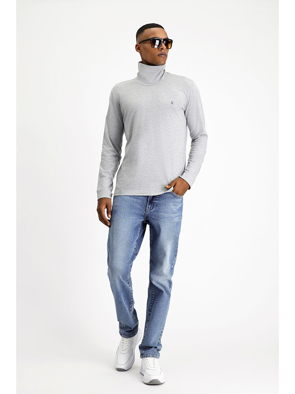 Gri Balıkçı Yaka Slim Fit Dar Kesim Pamuklu Sweatshirt-1