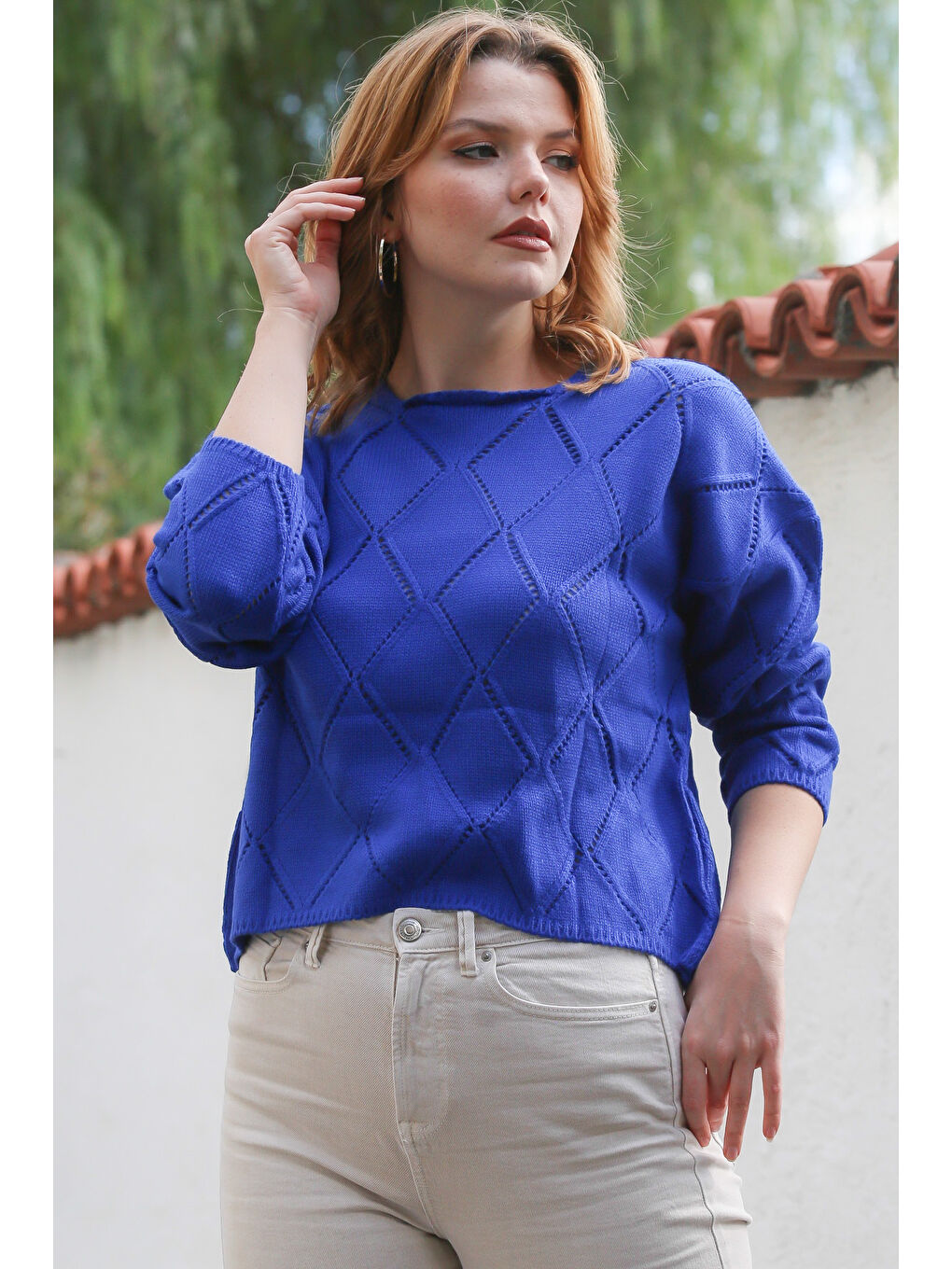 Gök Mavisi Yuvarlak Yaka Uzun Kol Baklava Desenli Ajur Örgü Triko Kazak 55 62-6