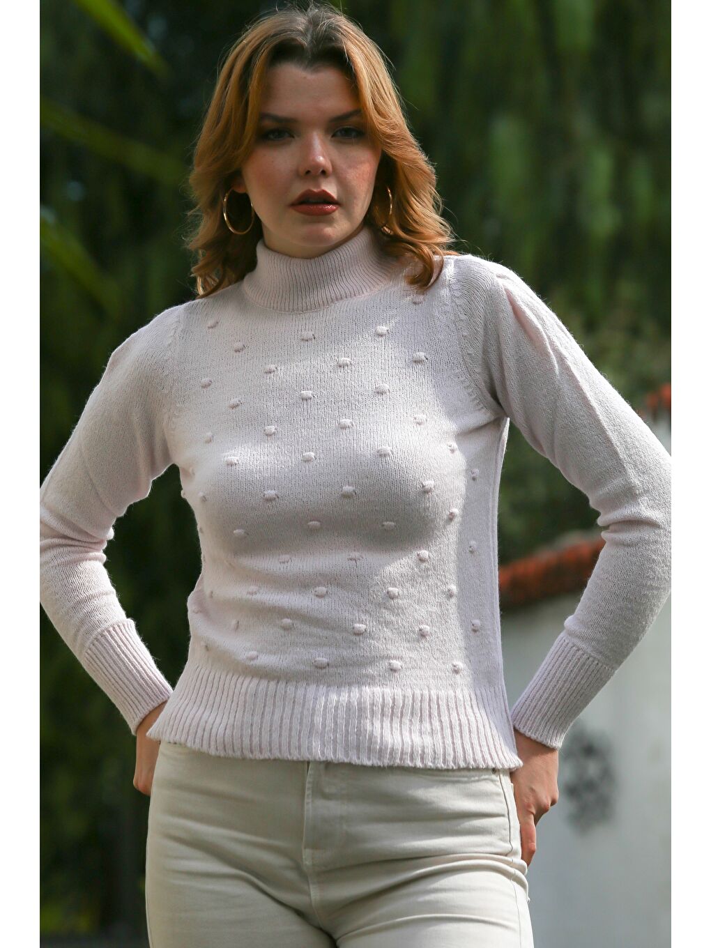 Lila Balıkçı Yaka Uzun Kol Puantiyeli Triko Kazak 60 55-2