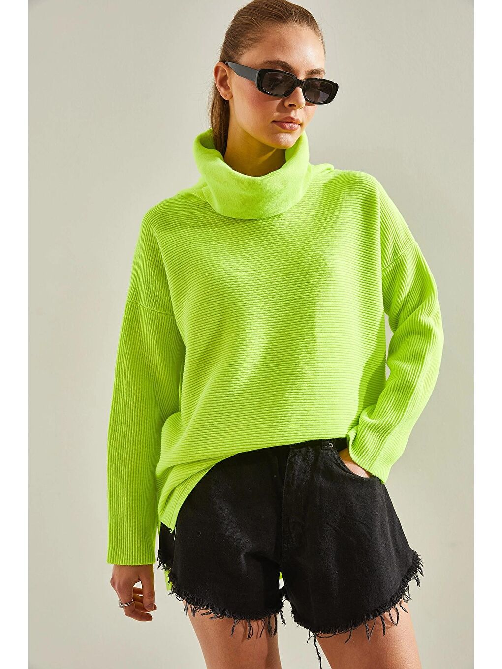 Sarı Kadın Balıkçı Yaka Ottoman Örgü Oversize Triko Kazak-1