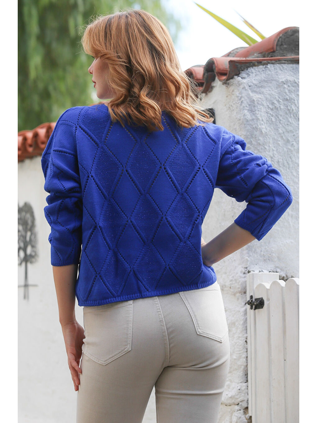 Gök Mavisi Yuvarlak Yaka Uzun Kol Baklava Desenli Ajur Örgü Triko Kazak 55 62-7